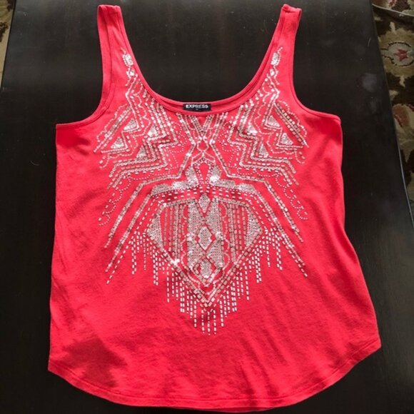 Express Embellished Silver Sequin Red Tank Top - Picture 11 of 15